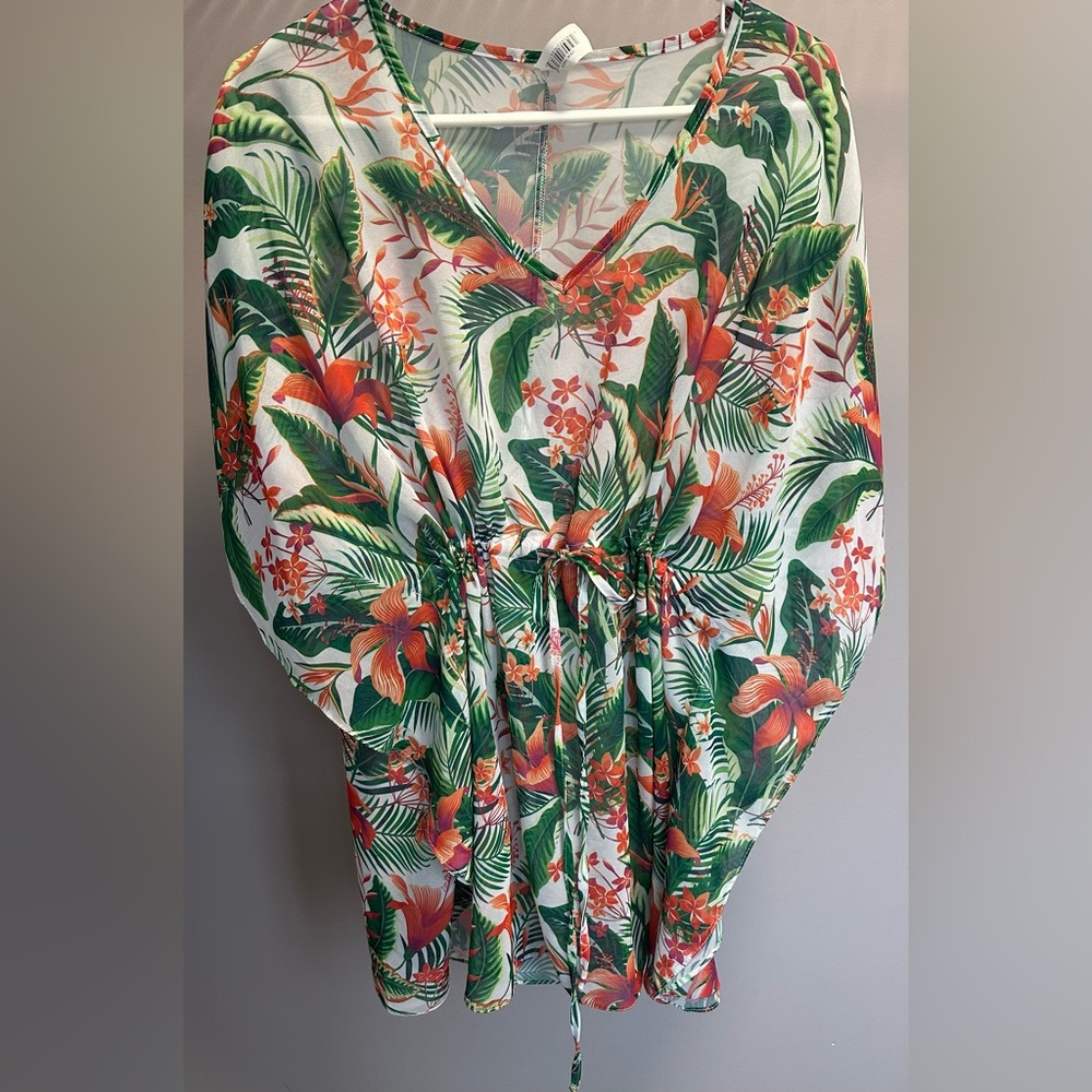 West Loop Green and Orange Tie Front Swim Coverup